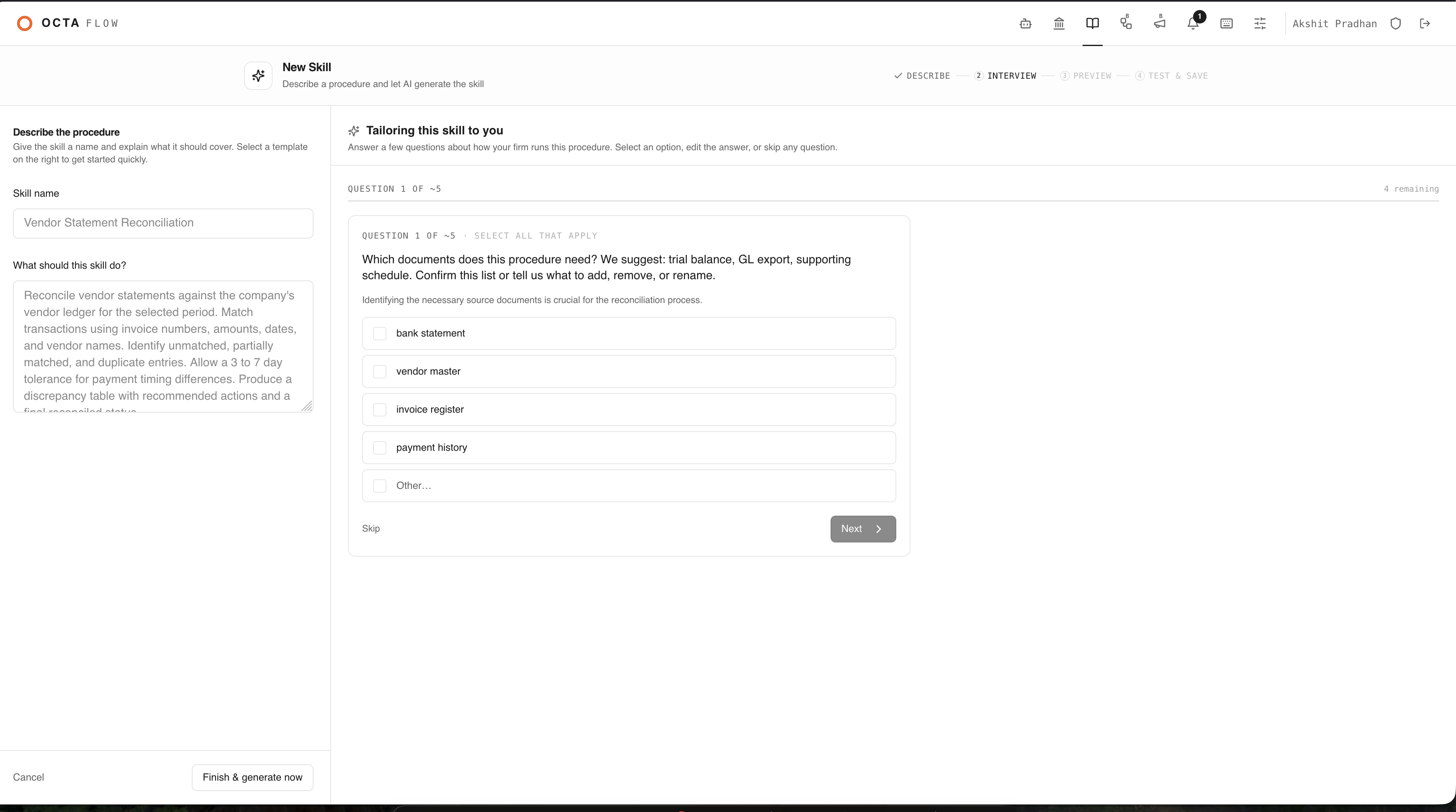 Authoring a custom skill in OCTA Flow by describing the procedure and answering an AI interview
