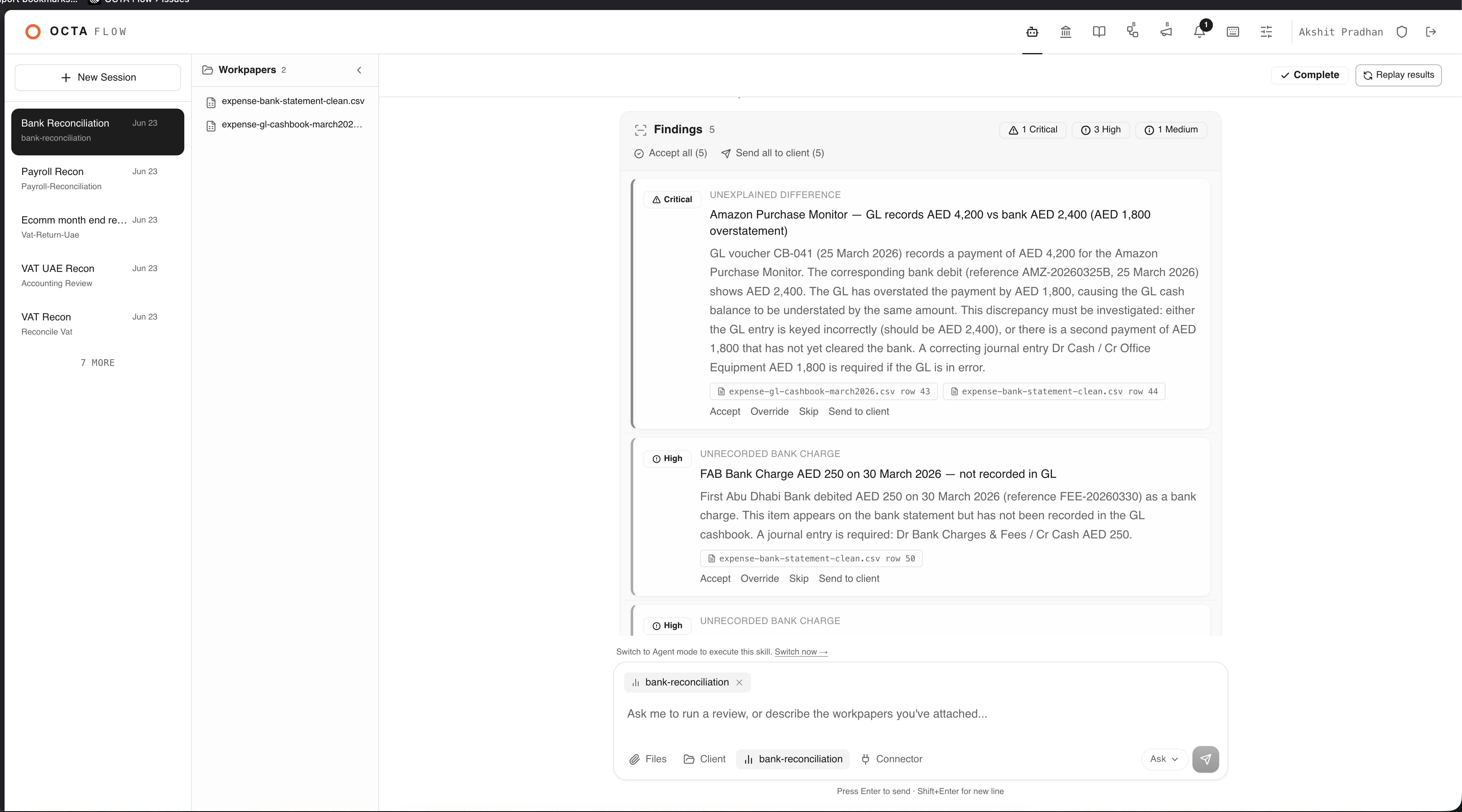 OCTA Flow bank reconciliation findings, each categorized by severity and traced to a source row