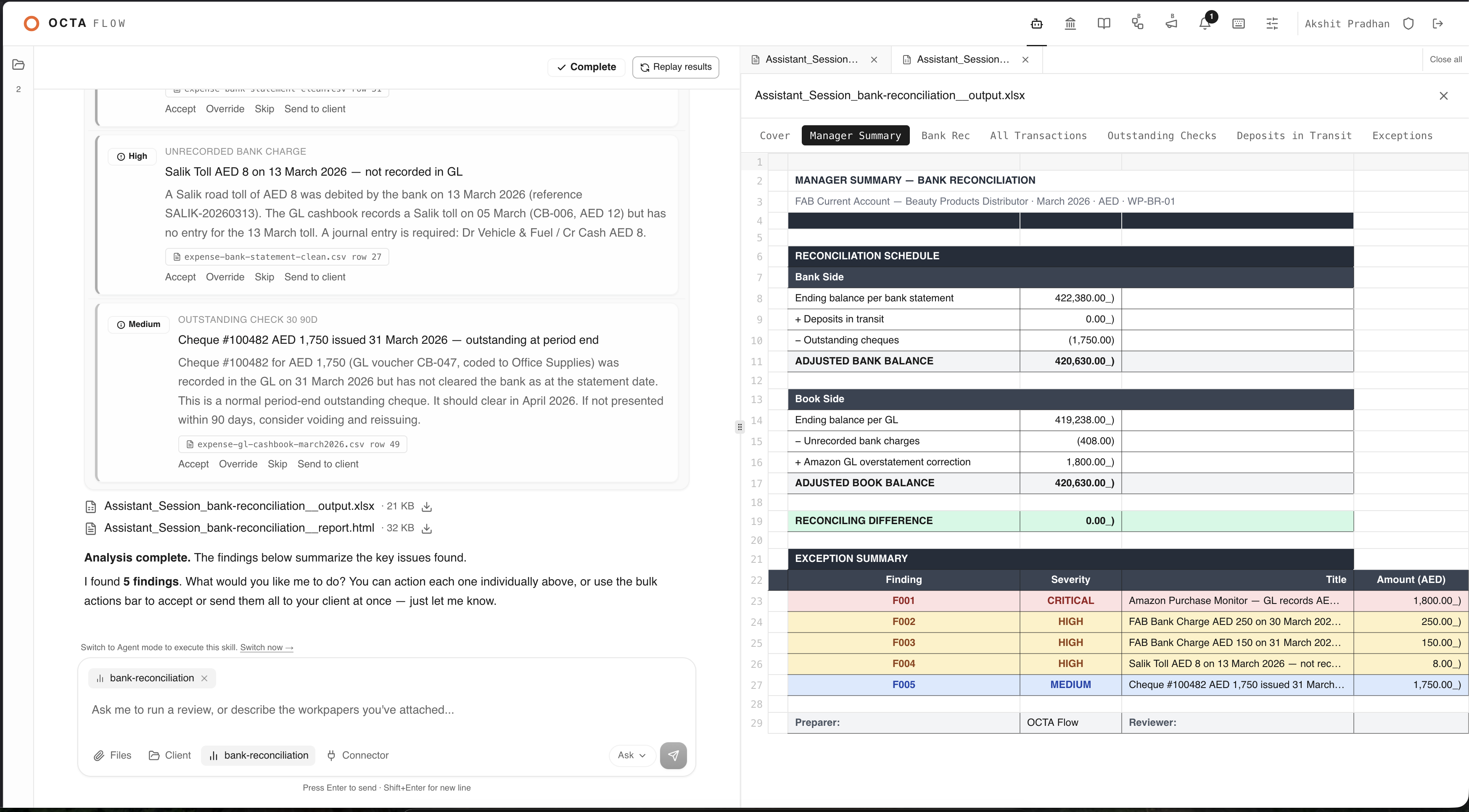 OCTA Flow bank reconciliation output: a formula-driven Excel workpaper with a manager summary and exception summary