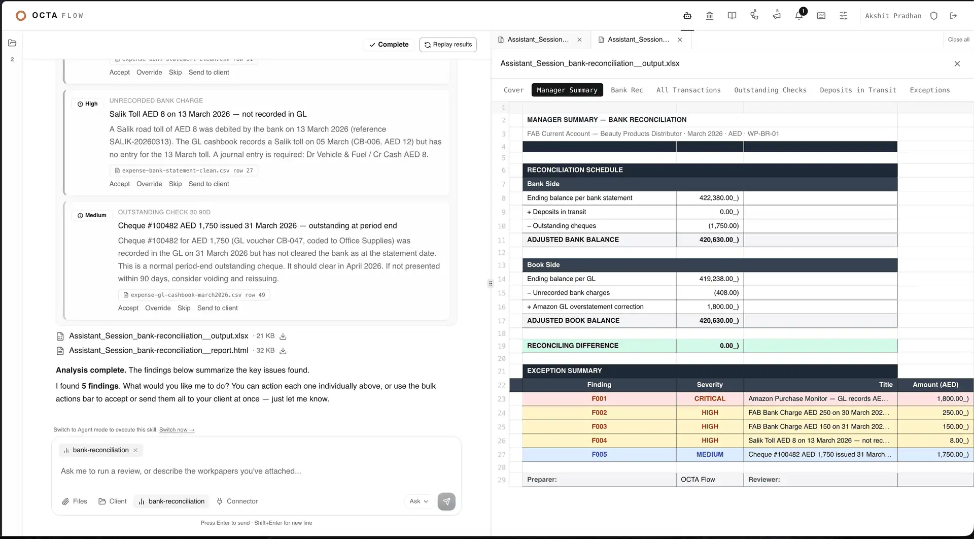 Bank reconciliation output: a formula-driven Excel workpaper with manager and exception summaries