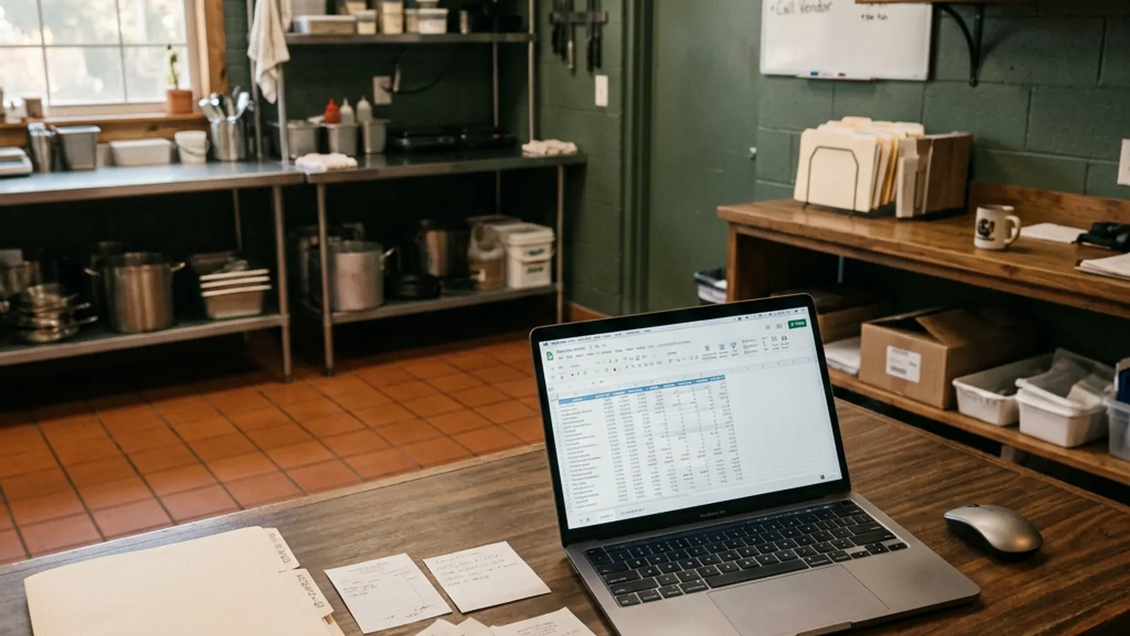 A warm restaurant back office with receipts, a calculator and a laptop on a wooden counter, with no people present