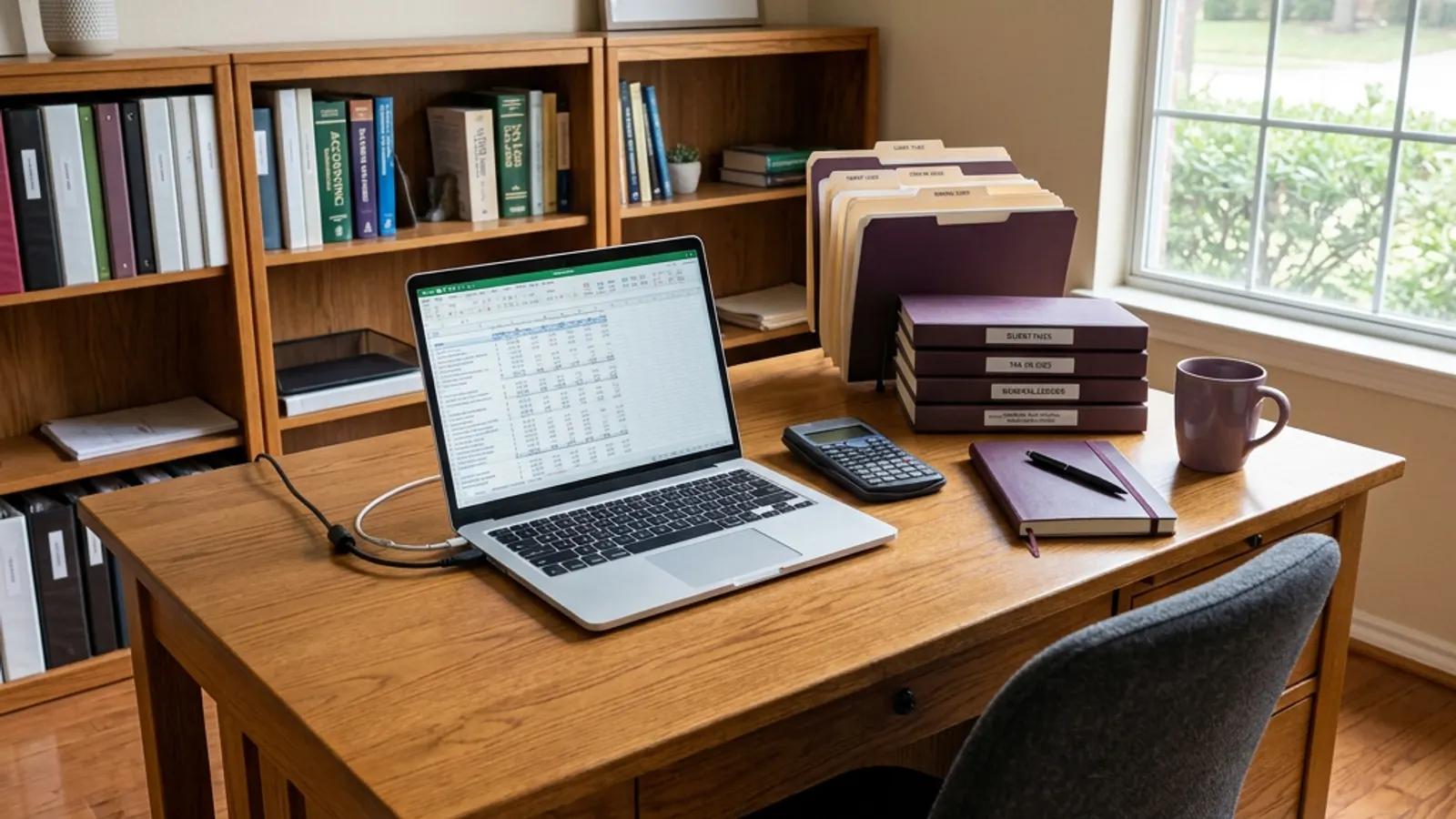 A calm small CPA office desk with a laptop, calculator and orderly financial folders, with no people present